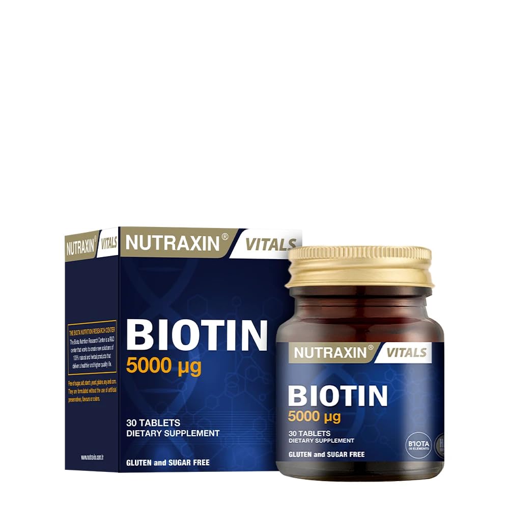 Nutraxin Biotin 5000mcg Supplement - 30 Tablets for Hair, Nail & Skin Health