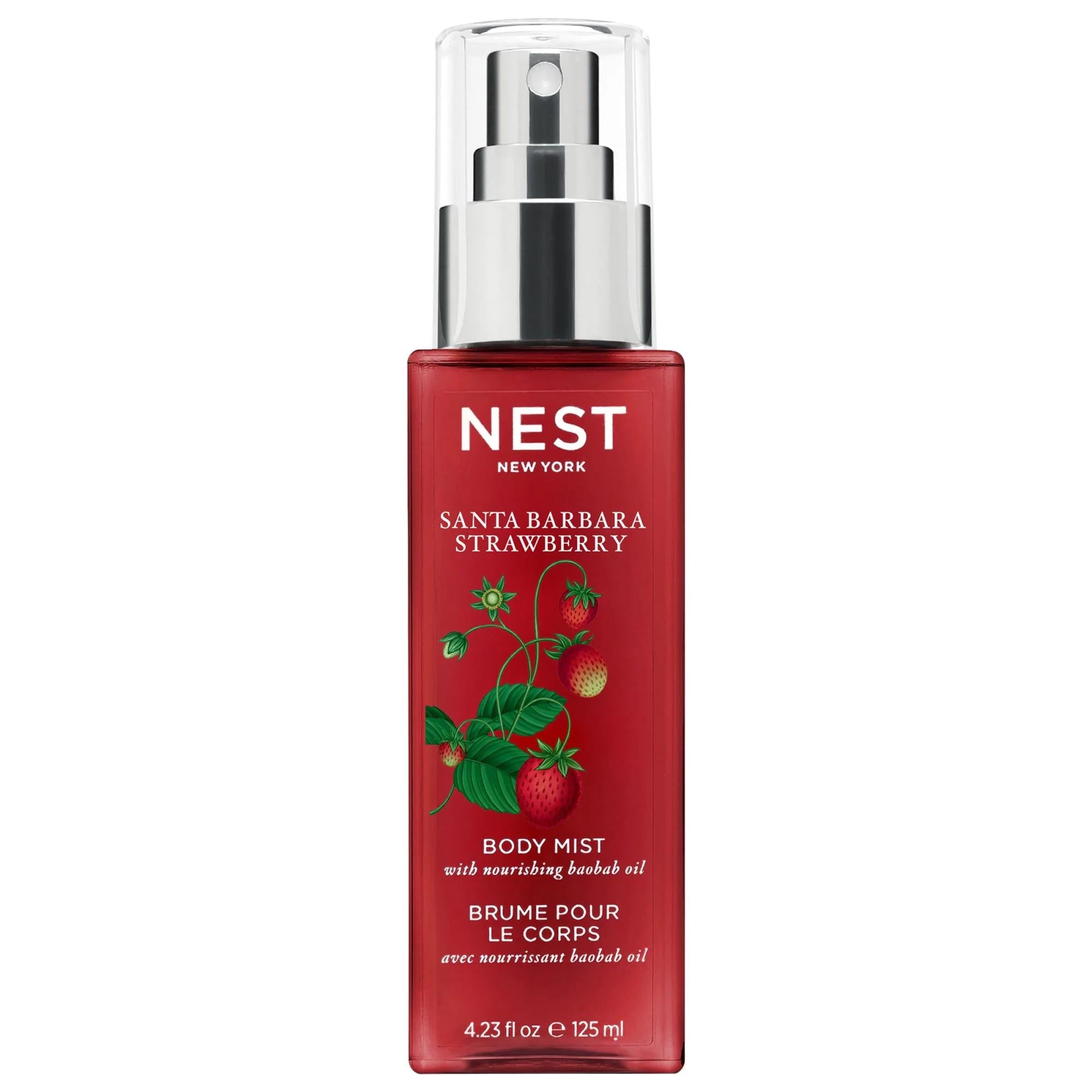 NEST New York Santa Barbara Strawberry Body Mist: Refreshing Fruity Floral Scent with Hydrating Aloe Vera & Baobab Oil; Lightweight Body Spray for Women