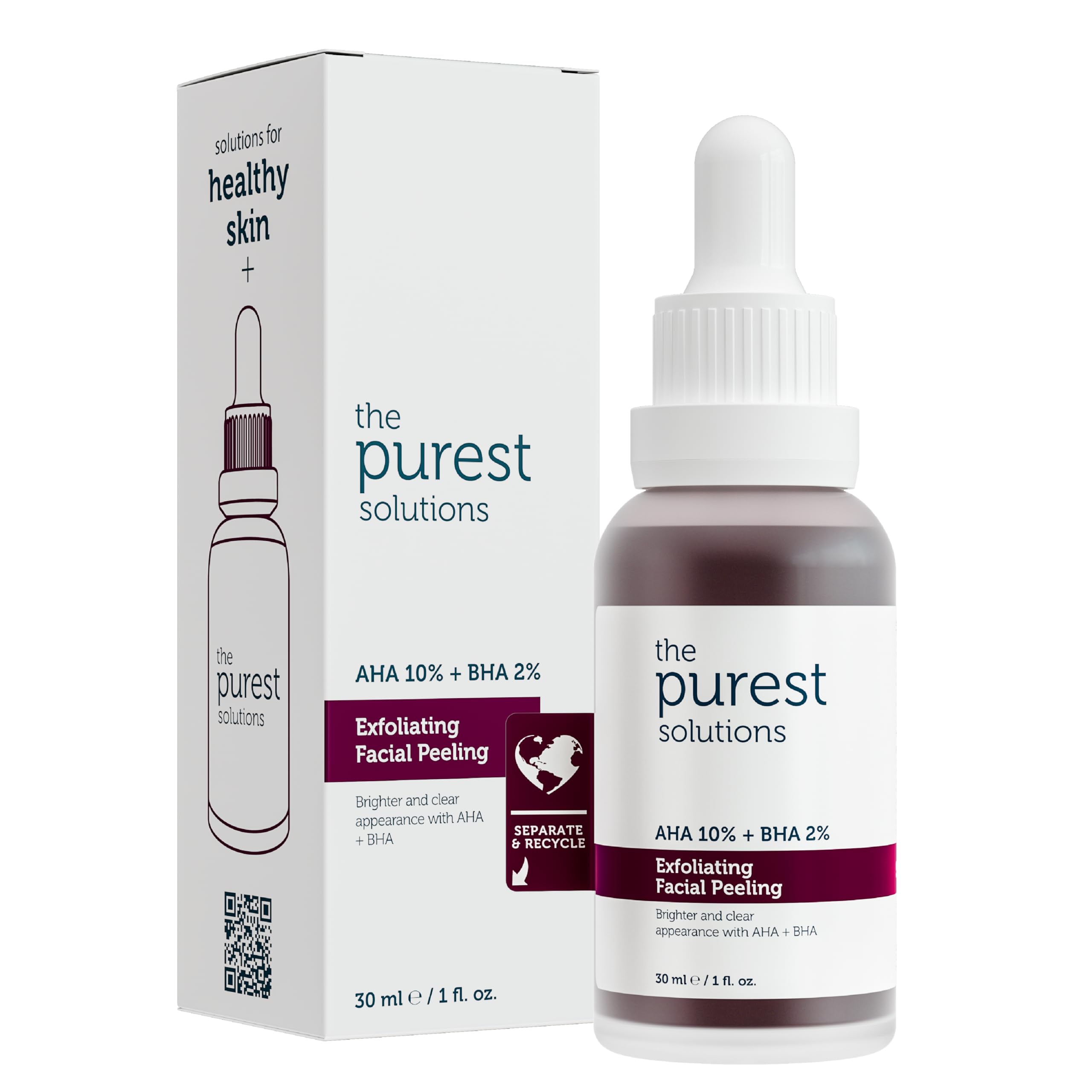 The Purest Solutions Facial Peeling Solution AHA BHA Exfoliant - 30ml, Glycolic Acid, Salicylic Acid, Hyaluronic Acid