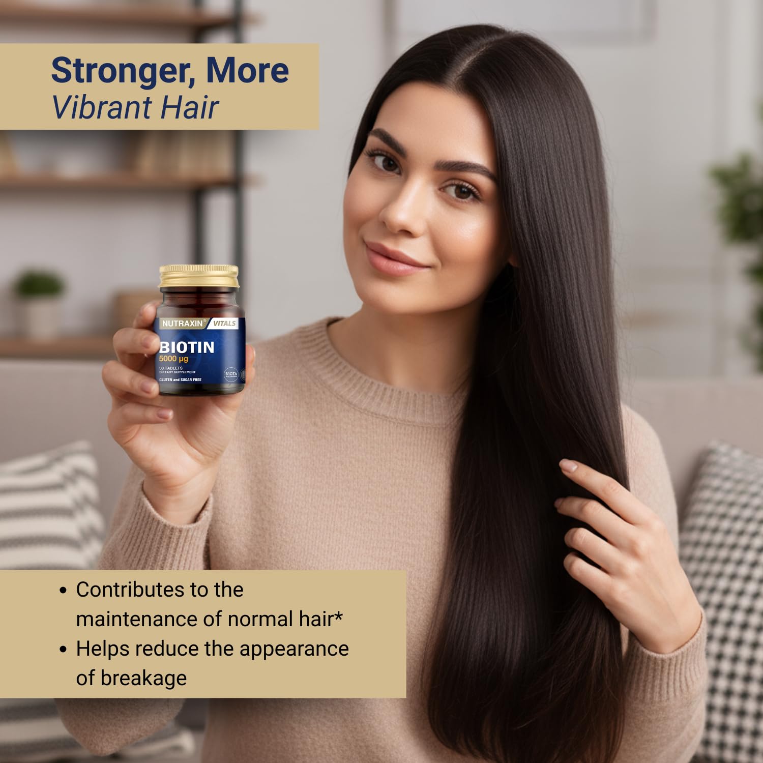 Nutraxin Biotin 5000 mcg Dietary Supplement for Hair, Skin, and Nail Health - 30 Tablets, Vegan & Gluten-Free