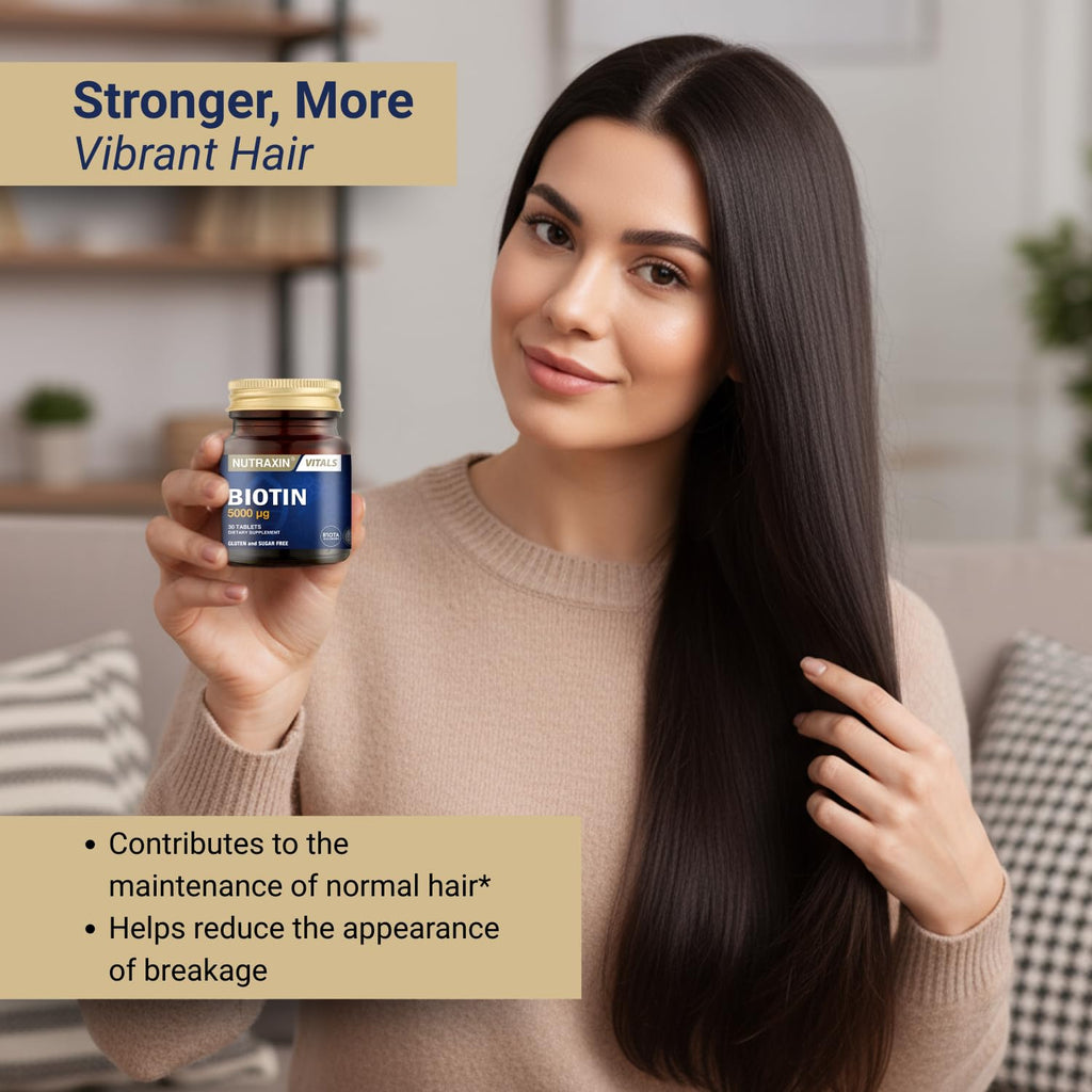Nutraxin Biotin 5000mcg Supplement - 30 Tablets for Hair, Nail & Skin Health