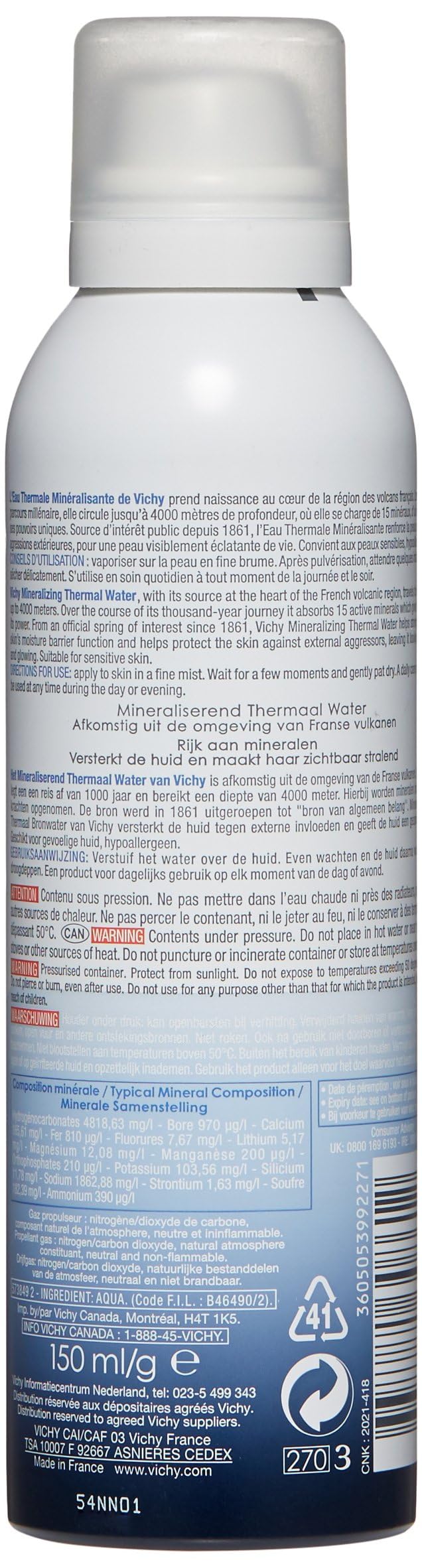 Vichy Thermal Water Spray - Soothing Skincare for Sensitive Skin, 100% Natural Thermal Water, Hypoallergenic & Fragrance-Free