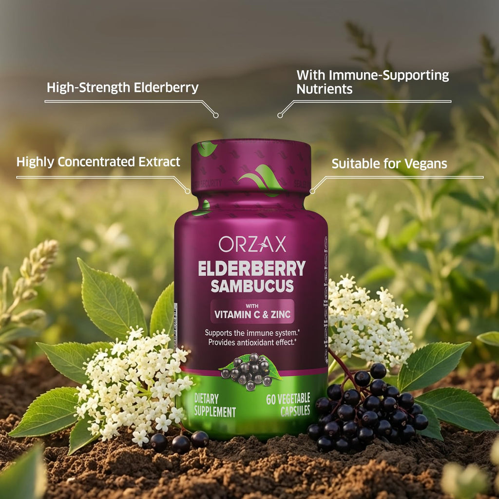 Orzax Immune Support Dietary Supplement Syrup - Sambucus Nigra, Vitamin C, Zinc for Kids & Adults