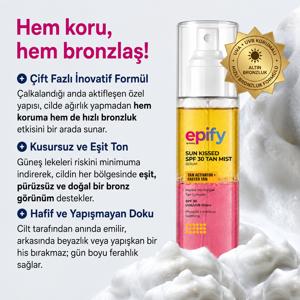 Epify Double Tan Dual-Phase Fast Self-Tanning Spray with SPF30, Sea Microalgae Bronzing Complex, 5 Fl Oz