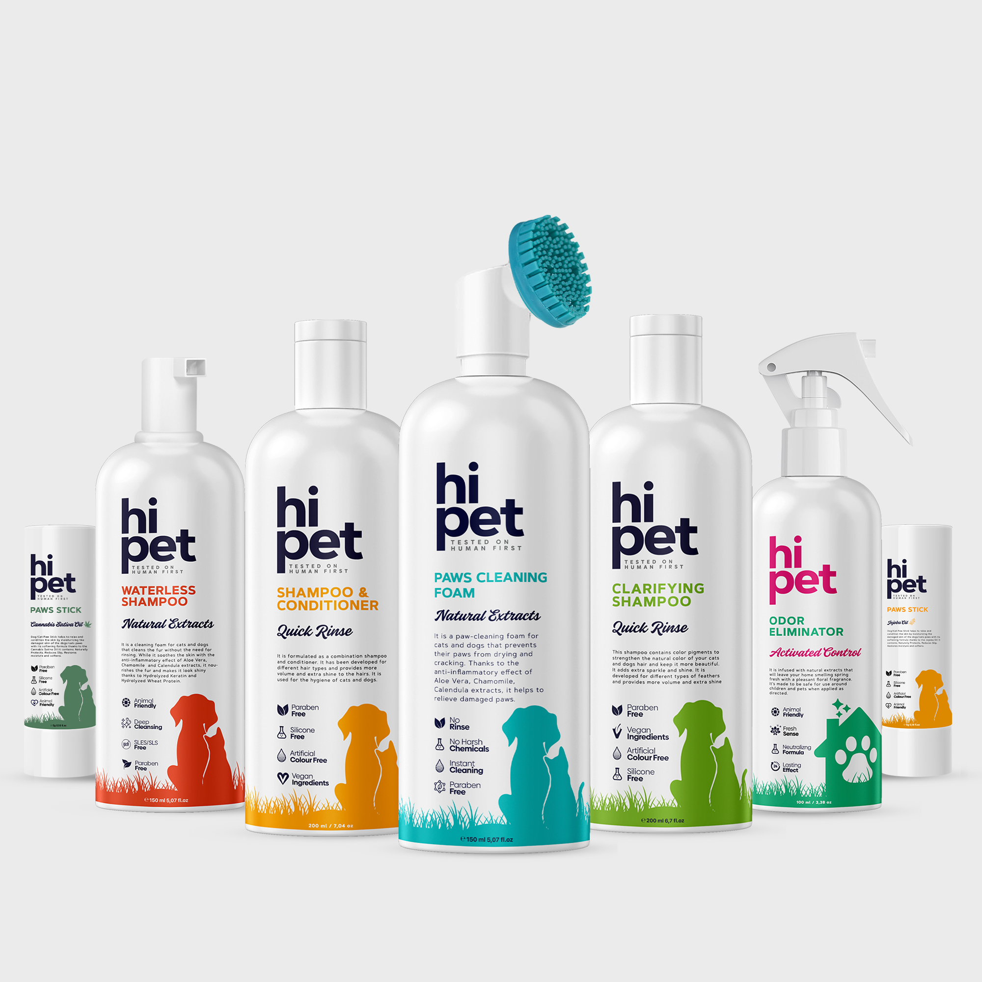 HiPet Best Sellers Value Set, Paw Cleaning Foam + Detangling Spray + Dry Shampoo + Conditioning Shampoo + Clarifying Shampoo + Jojoba Paw Balm, 6-Piece Bundle