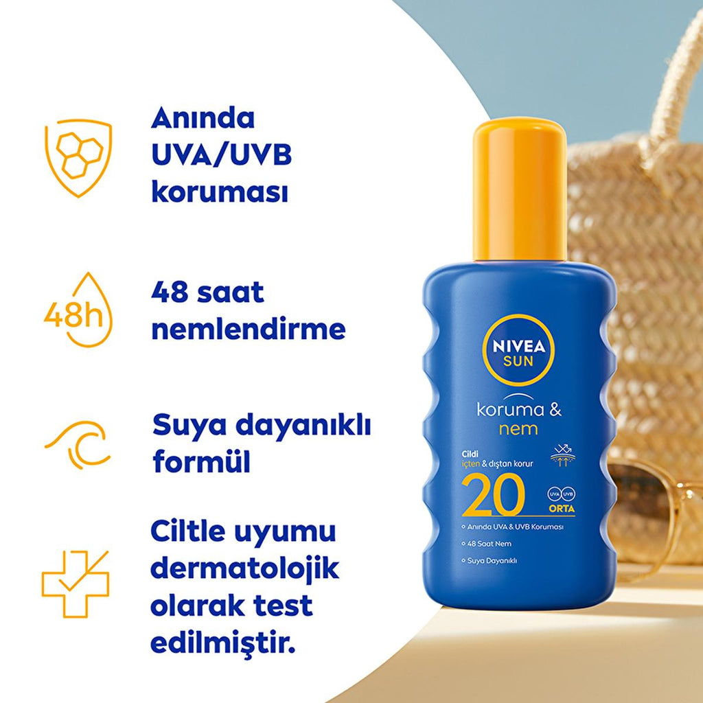 Nivea Sun SPF20 High Sun Protection & Moisturizing Body Spray: UVA/UVB Defense, 48-Hour Hydration - Water Resistant, Non-Greasy Formula