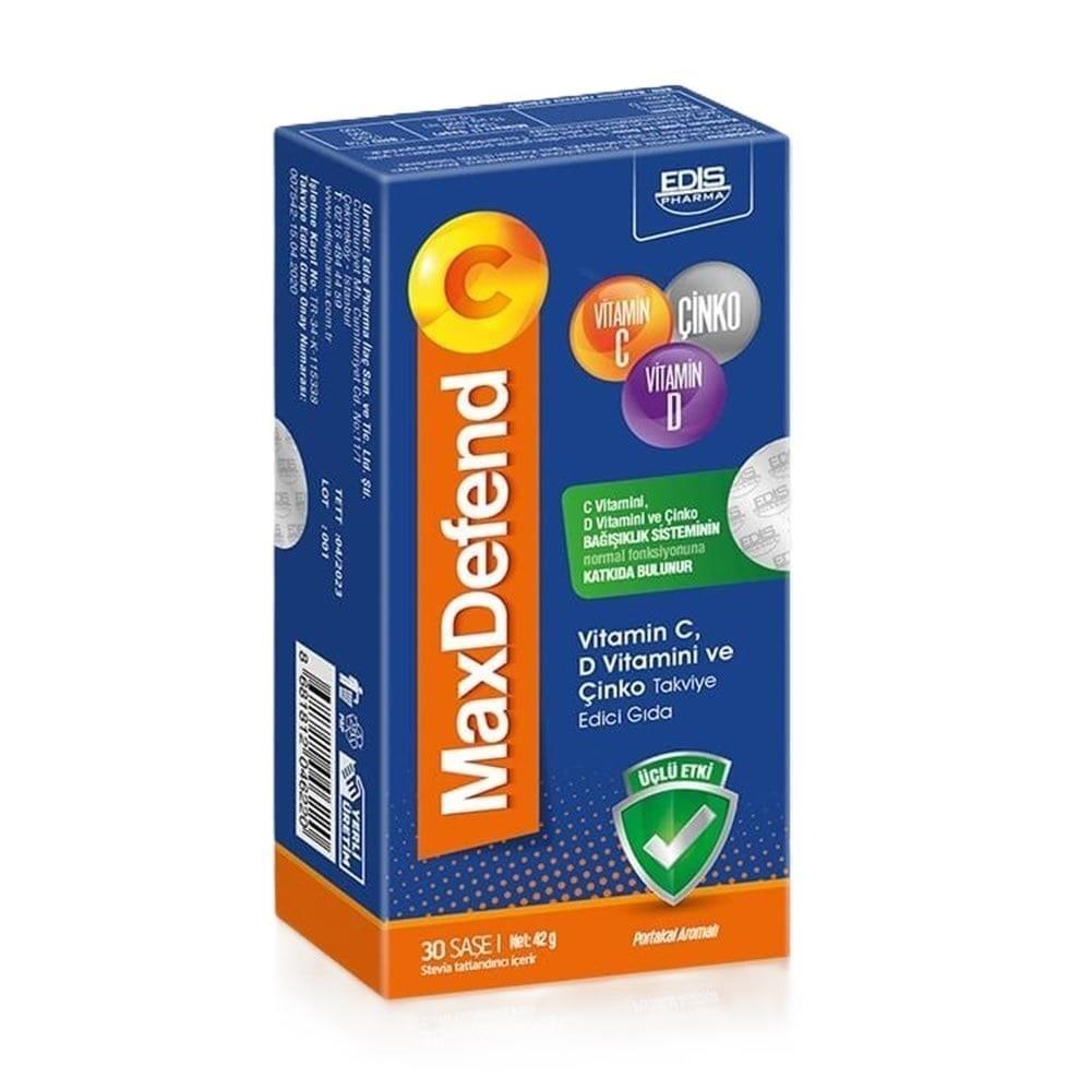Maxdefend Vitamin C 1000mg with Zinc & Vitamin D3 Supplement - Orange Flavor, 30 Sachets - Boosts Immunity & Antioxidant Defenses