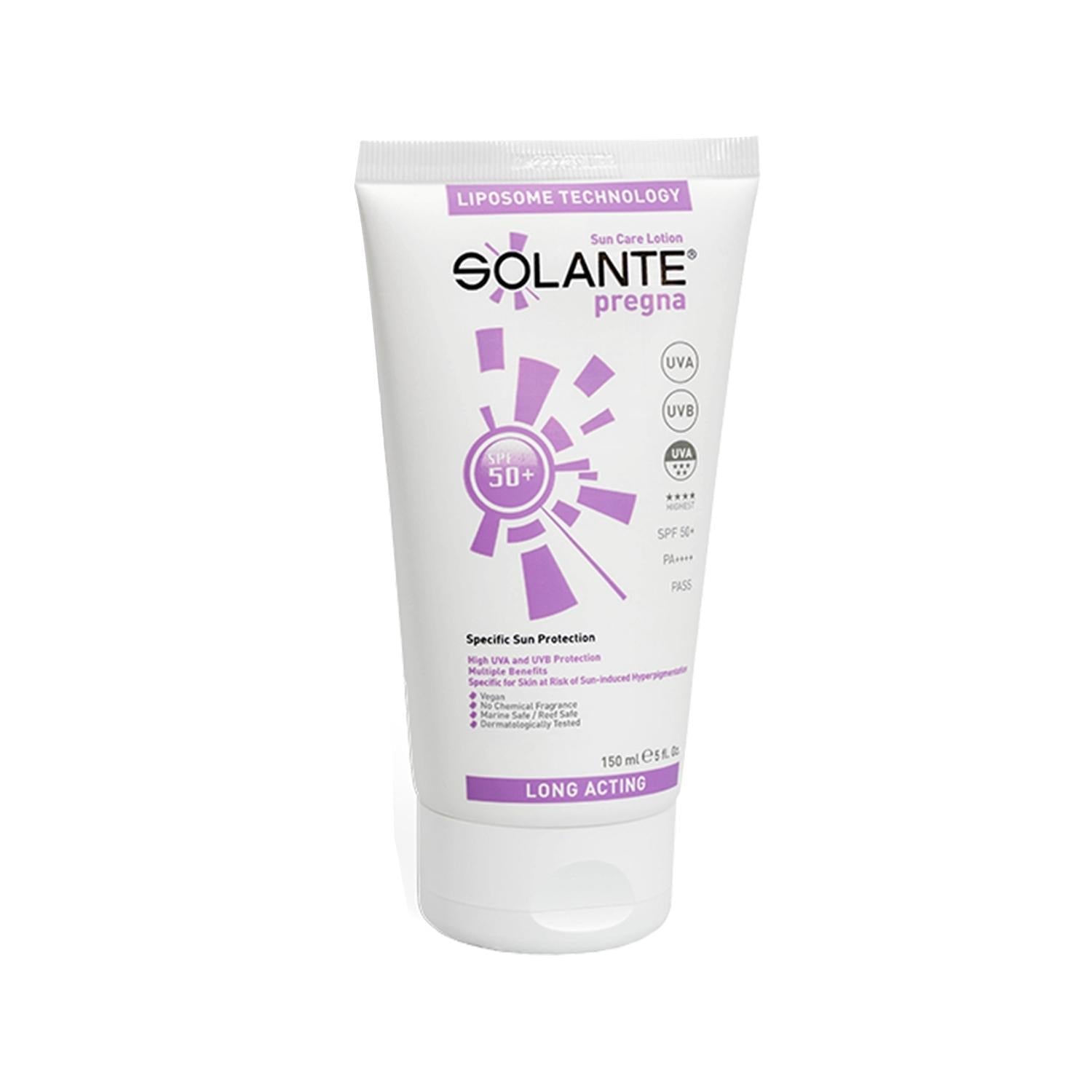Solante Pregna: SPF 50+ Sunscreen Lotion for Pregnant Women | Gentle & Safe Sun Protection, High UVA/UVB Defense - 150ml