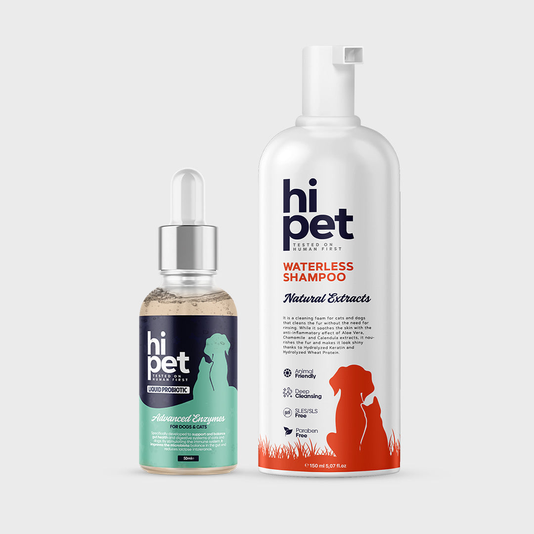 HiPet Anti-Shedding Set for Cats, Liquid Probiotic + Dry Shampoo, 2-Piece Bundle