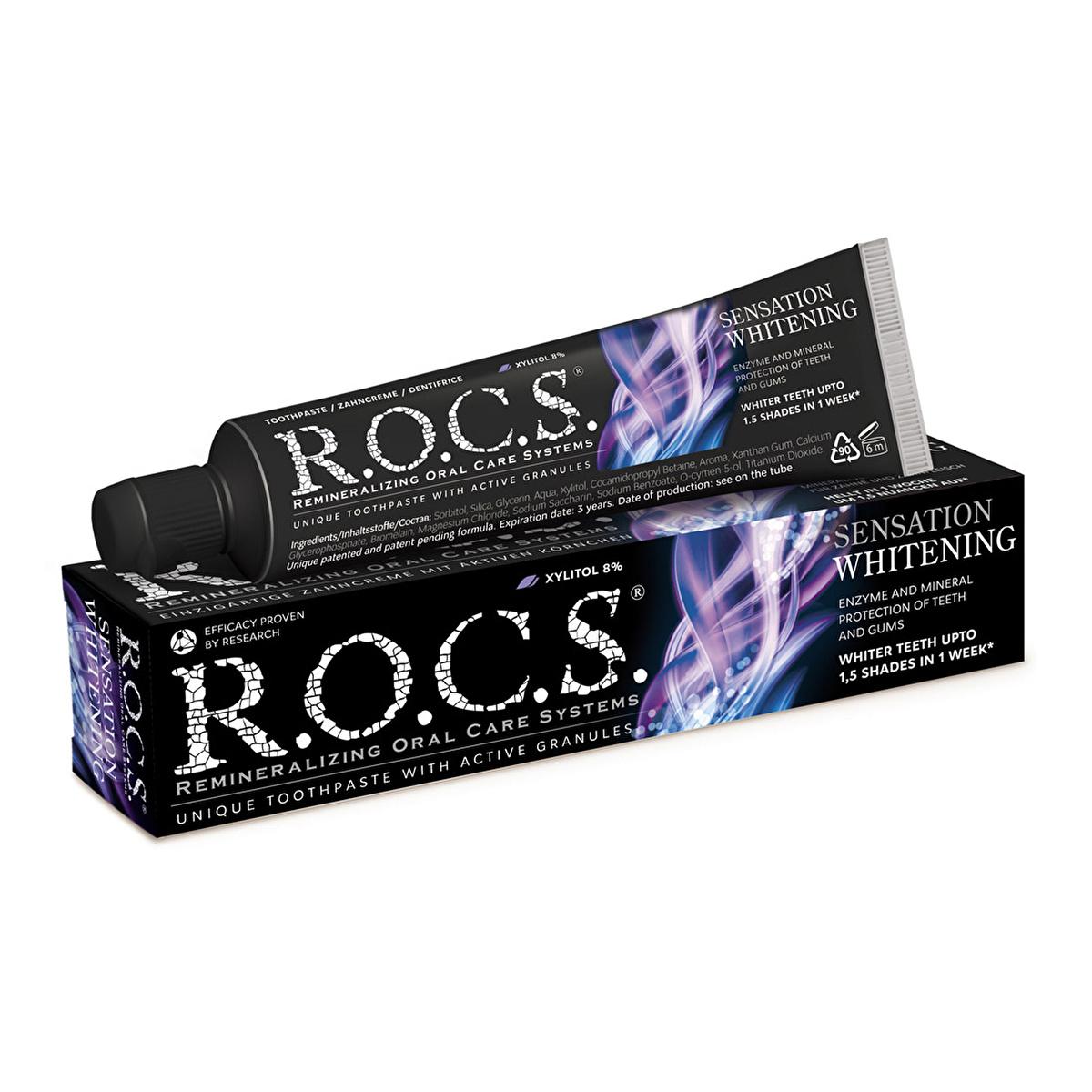 Rocs Sensation White: Teeth Whitening Toothpaste for Stain Removal & Brighter Smile - Enzyme-Powered, Extra Polishing Action