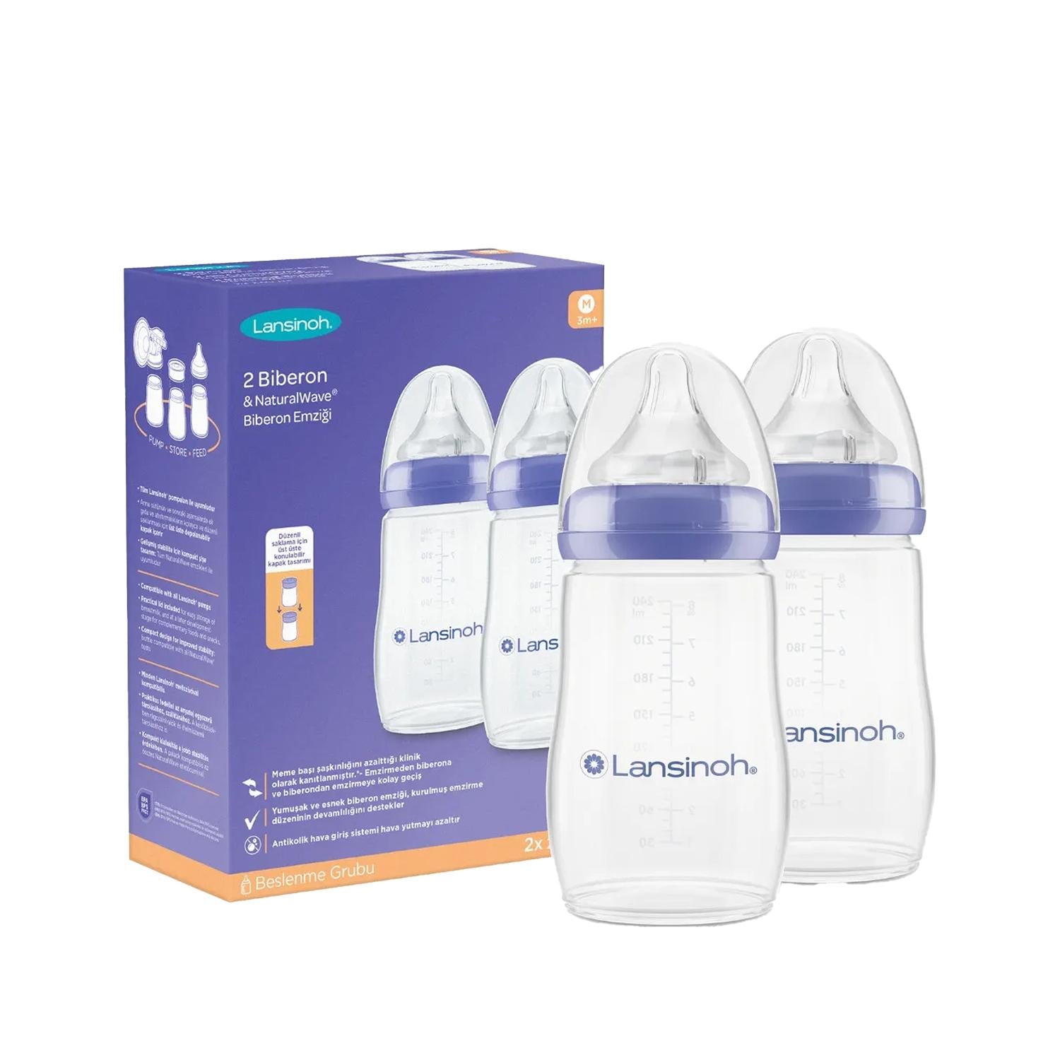 Lansinoh Baby Bottle with NaturalWave Nipple - 240ml, BPA-Free, Easy Clean Design