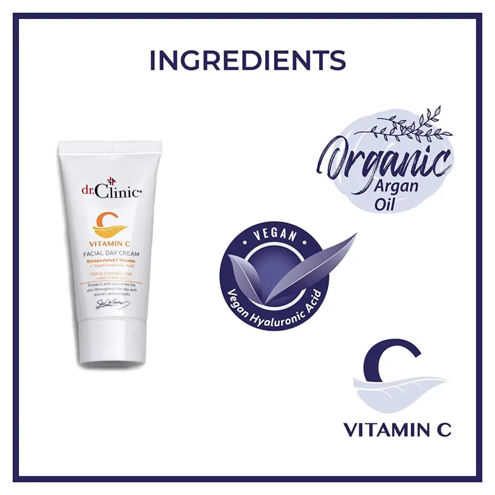 dr.Clinic Vitamin C Facial Day Cream | Moisturizer for Dry Skins | Anti-Aging Skin Cream for Dark Spots and Wrinkles | Acne Spot Treatment All Skin Types | Hyaluronic Acid, Argan Oil, 1.69Fl.Oz