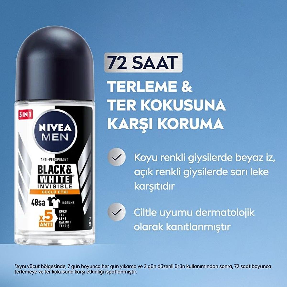 Nivea Men Black & White Invisible Deodorant for Men - Long Lasting Anti-Perspirant Protection, 72 Hours, Anti-Stain, Dermatologically Tested - 50ml