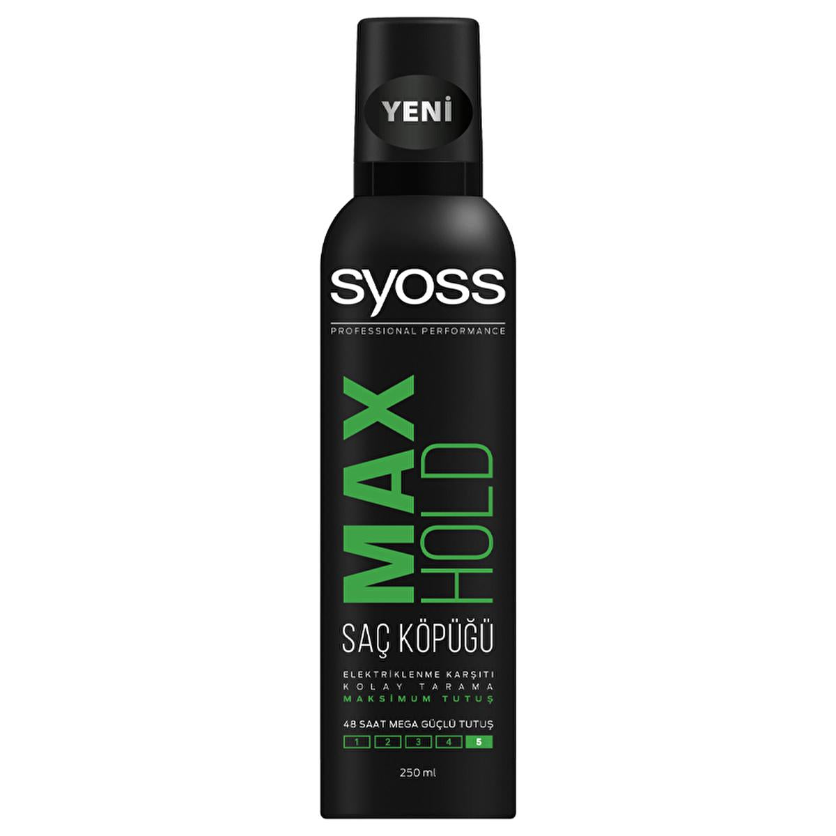 Syoss Max Hold Hair Mousse - Level 5 - 48H Lasting, Strong Hold, Anti-Static & Shine - Professional Hair Styling Foam for Frizz Control & Volume