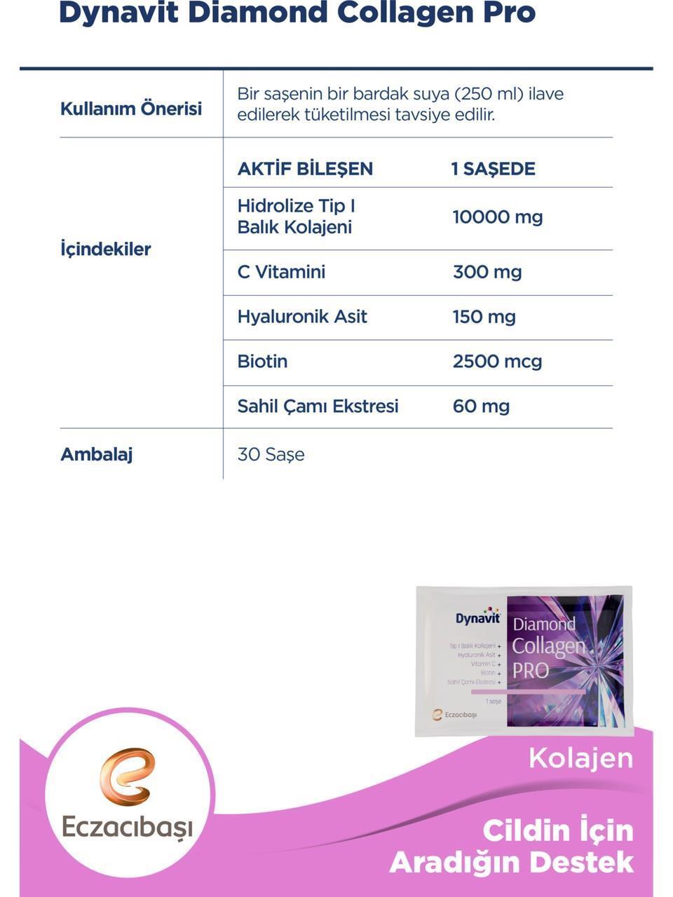 Dynavit Diamond Collagen Pro 30 Sachets - Premium Collagen Supplement with Hyaluronic Acid & Vitamin C for Skin Hydration and Anti-Aging