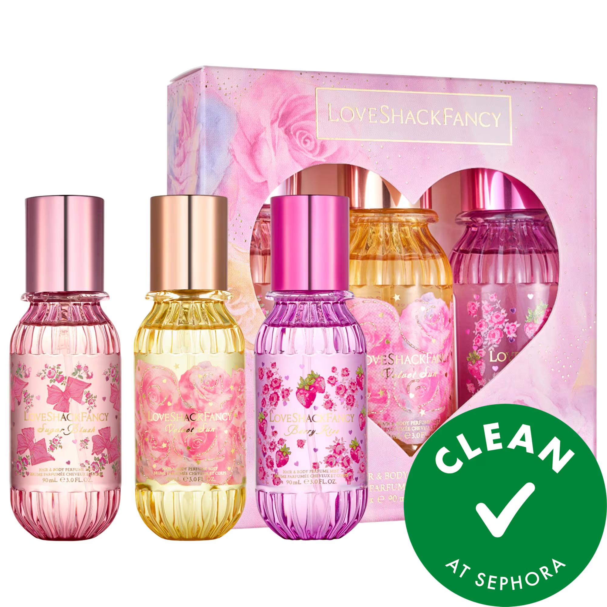 LoveShackFancy Hair & Body Perfume Mist Set: Fruity Floral Fragrance Discovery - Sugar Blush, Velvet Sun, Berry Kiss - Travel Size