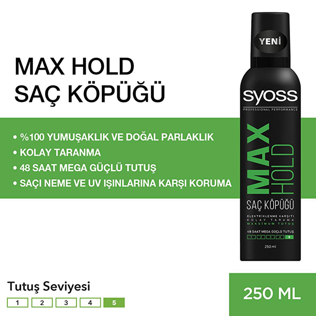 Syoss Max Hold Hair Mousse - Level 5 - 48H Lasting, Strong Hold, Anti-Static & Shine - Professional Hair Styling Foam for Frizz Control & Volume