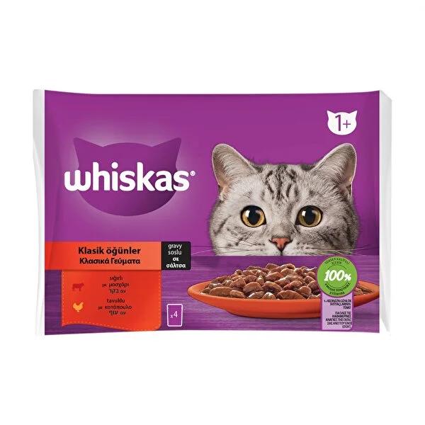 Whiskas Wet Cat Food Pouches: Classic Meals for Healthy Cats - Chicken & Beef, Complete Nutrition, Healthy Skin & Urinary Support